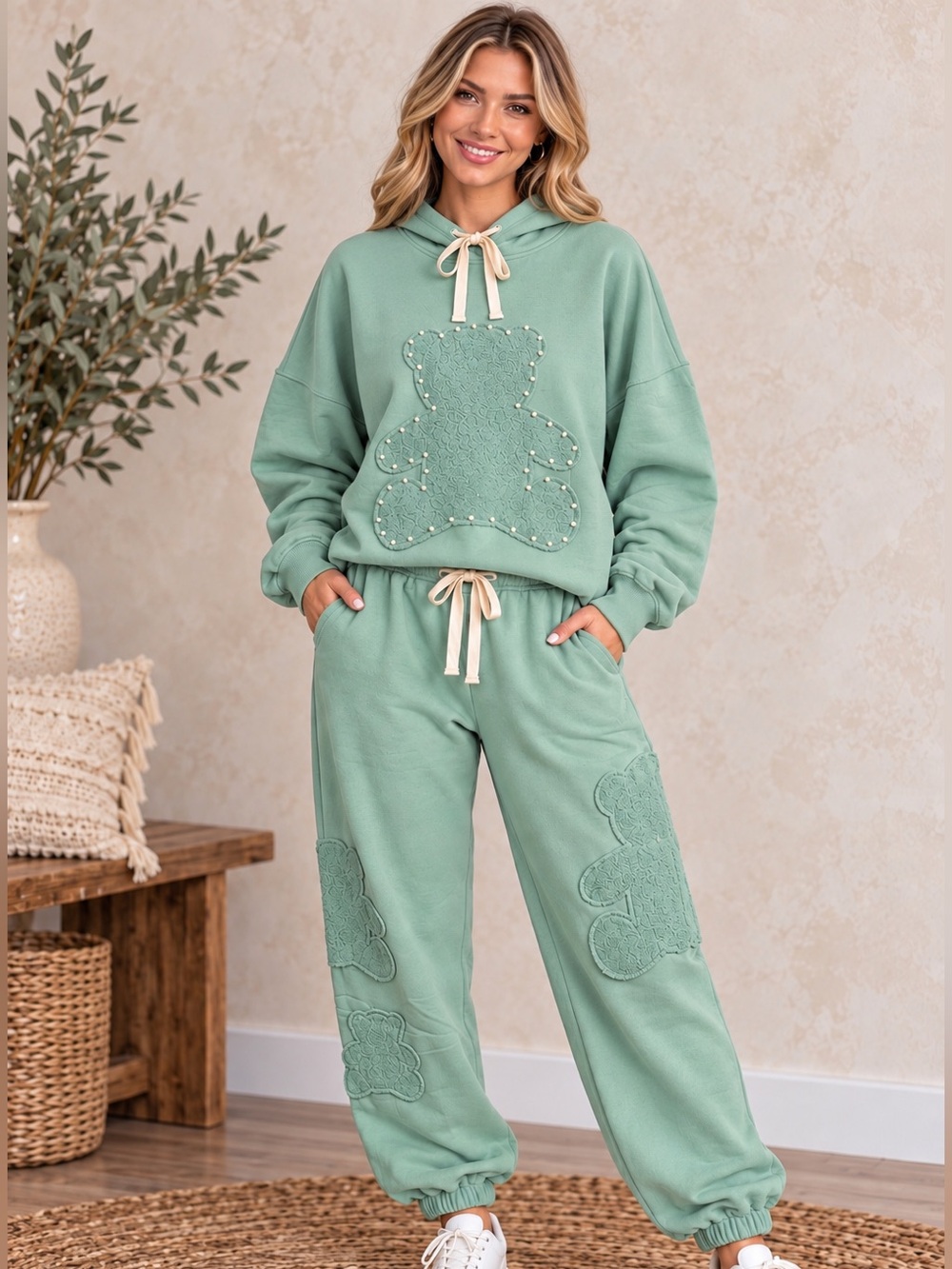 Peach Love NWT Sage Teddy Bear Pearl Appliqué Hoodie Jogger Set